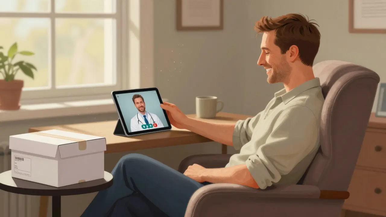 Relaxed man using tablet for telehealth consult with delivery box nearby