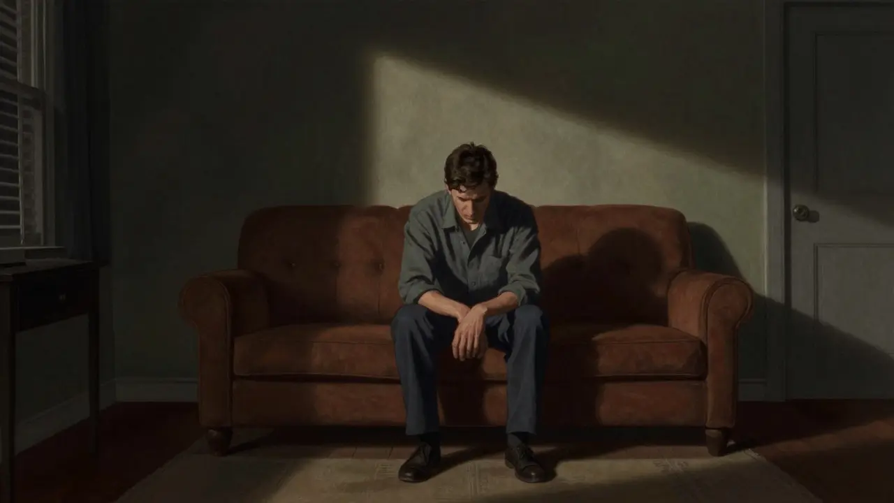 Solitary figure in dark room representing isolation and risk