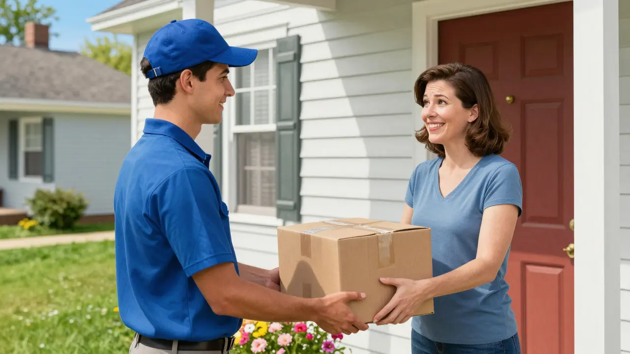 Woman receiving a medication delivery package on her front porch