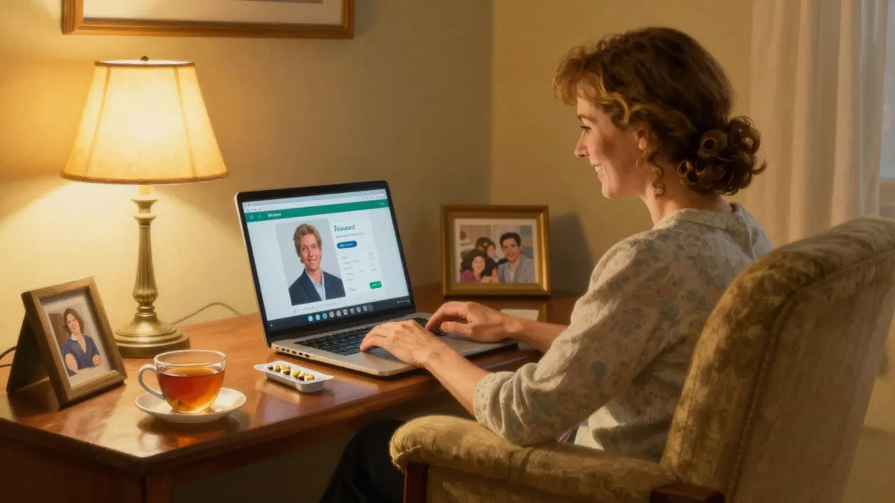 Woman smiling during telehealth consultation for affordable medication