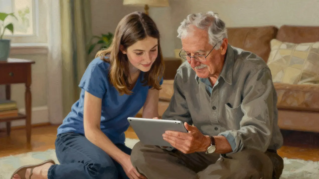 Young woman helping senior father set up health app on tablet