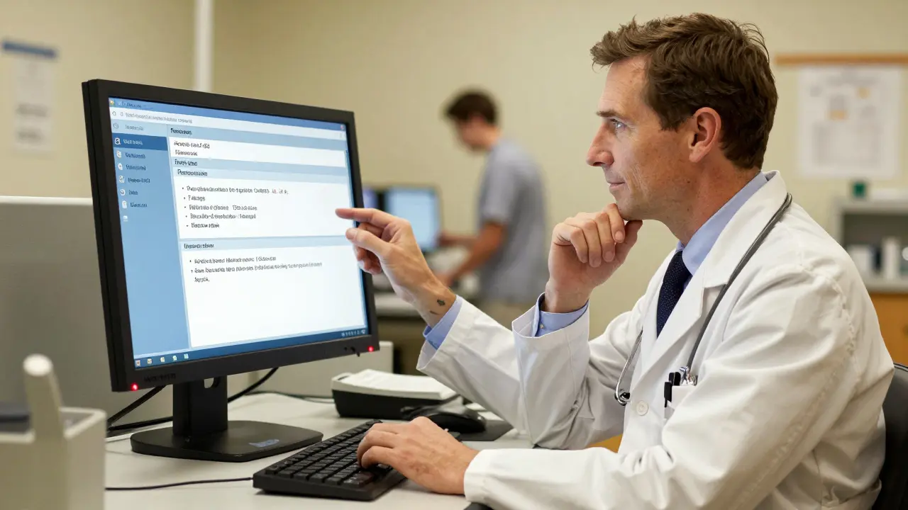 A Norman Rockwell-style depiction of a physician utilizing AI-assisted decision support tools, balancing technological efficiency with human empathy and clinical judgment in a safe healthcare environment.
