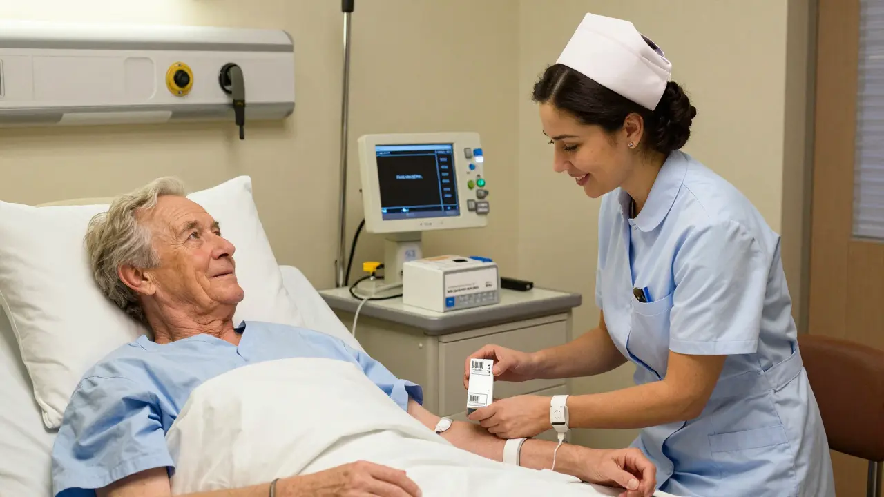 A Norman Rockwell-style illustration of a nurse using barcode scanning technology to verify medication for an elderly patient, emphasizing precision, care, and the five rights of administration.