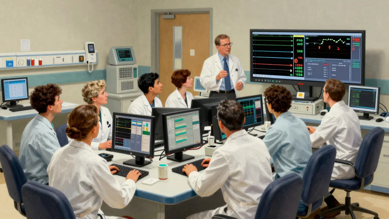 A Norman Rockwell-style scene of healthcare professionals engaging in a realistic simulation training session, focusing on skill development and error prevention through hands-on practice.