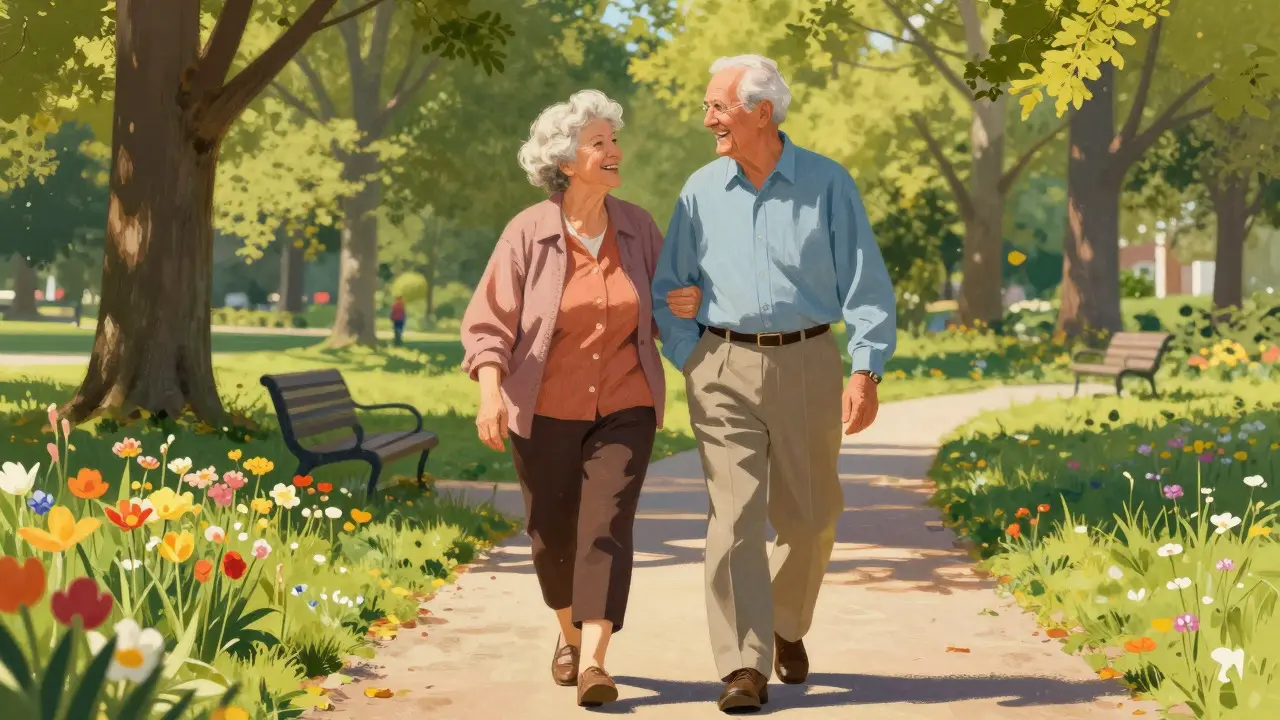 Active senior couple walking happily in a sunny park, symbolizing healthy aging.