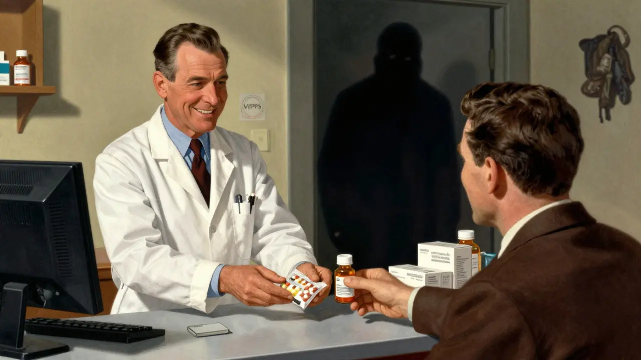 Contrast between safe pharmacist and shady scammer in Rockwell illustration