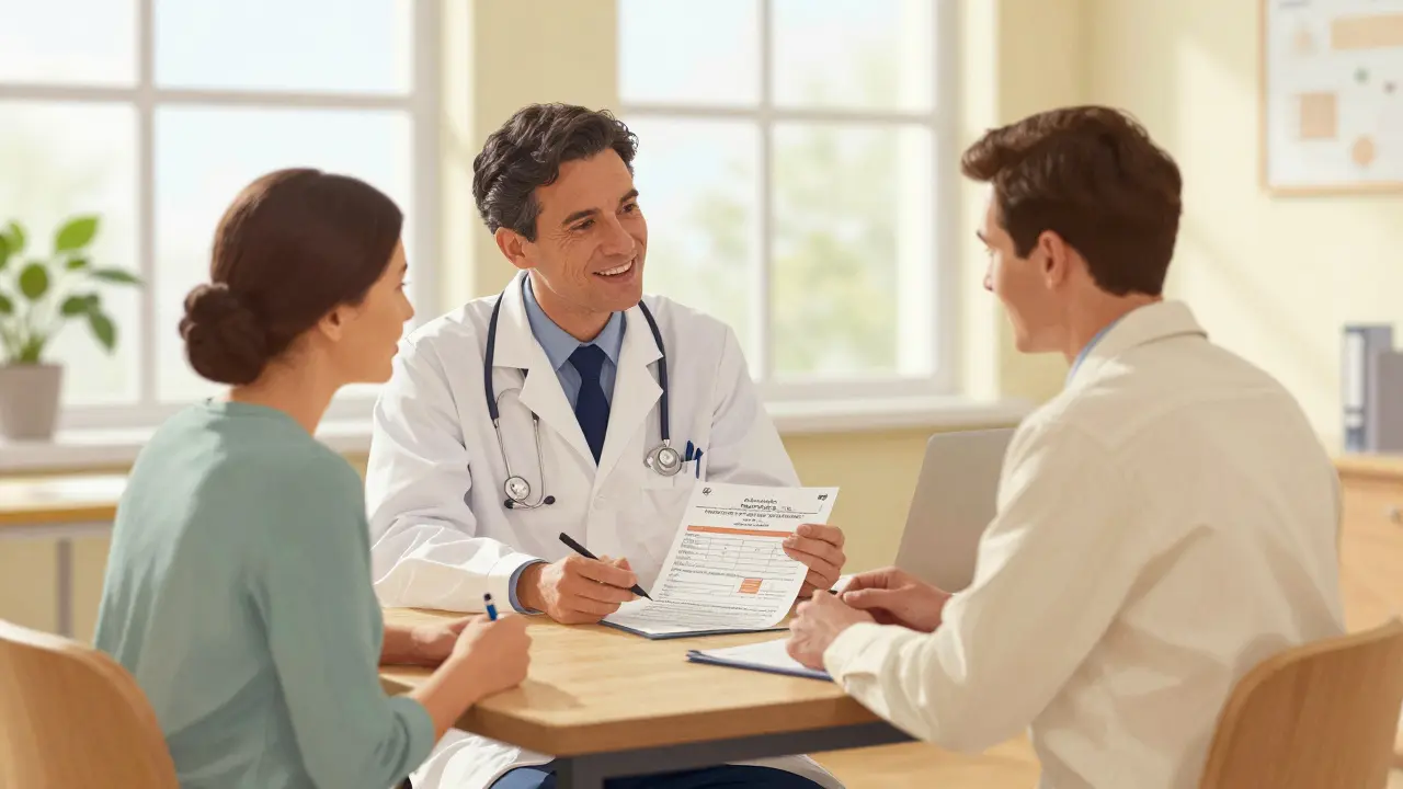 Doctor and therapist discussing treatment plan with patient in bright, supportive office