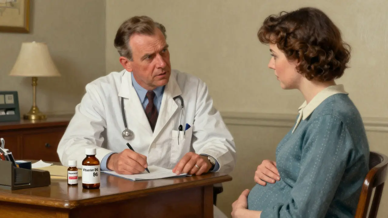 Doctor discussing Vitamin B6 and Doxylamine medication with a pregnant patient.