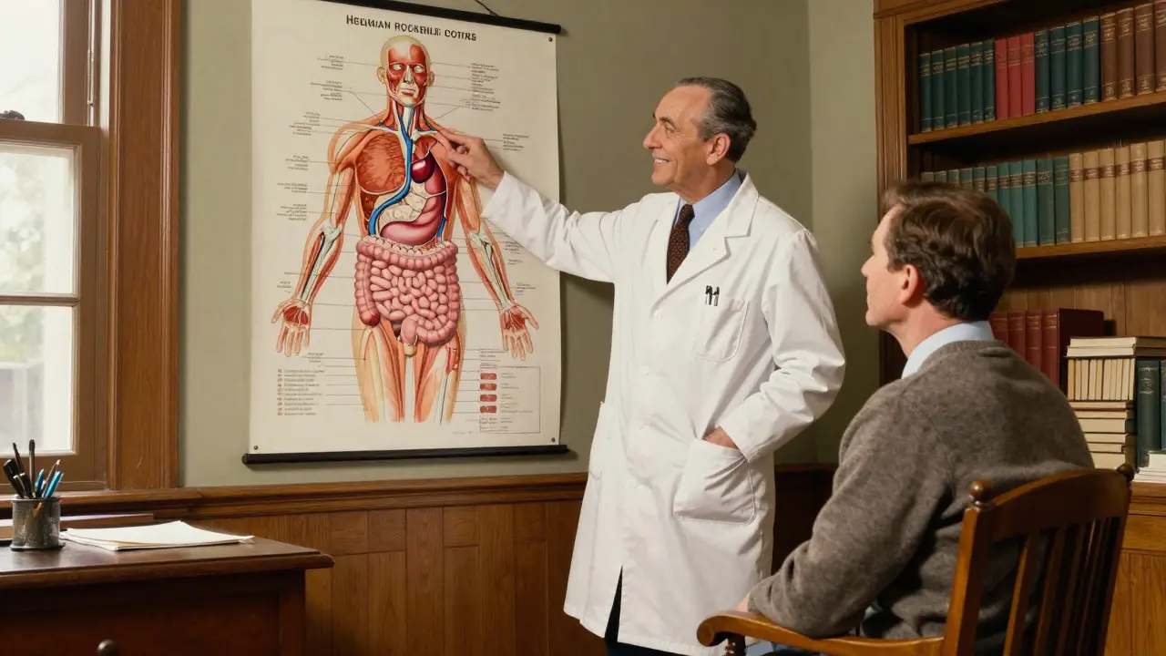 Doctor explaining gallbladder anatomy to a patient in a clinic