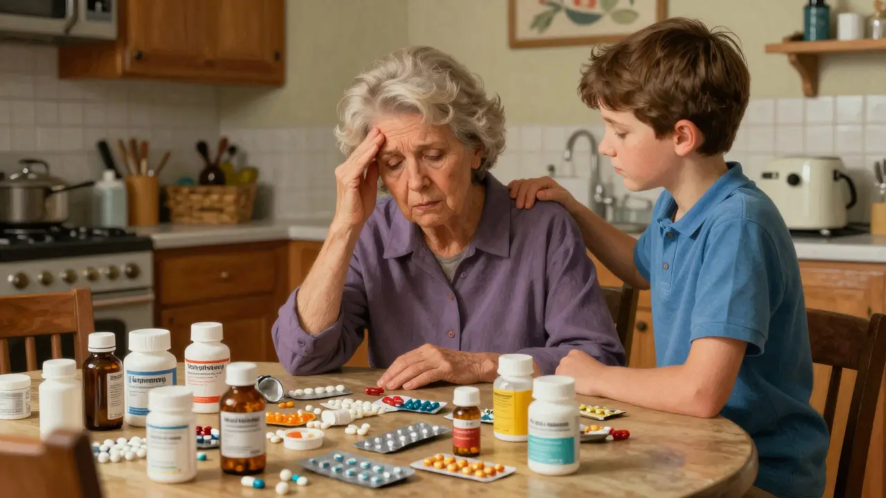 Elderly woman looking overwhelmed by many pill bottles on a table with family support.