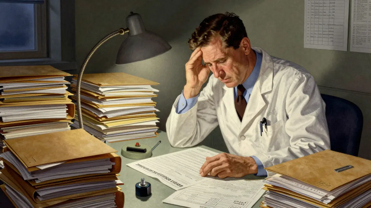 Exhausted doctor buried under piles of prior authorization paperwork