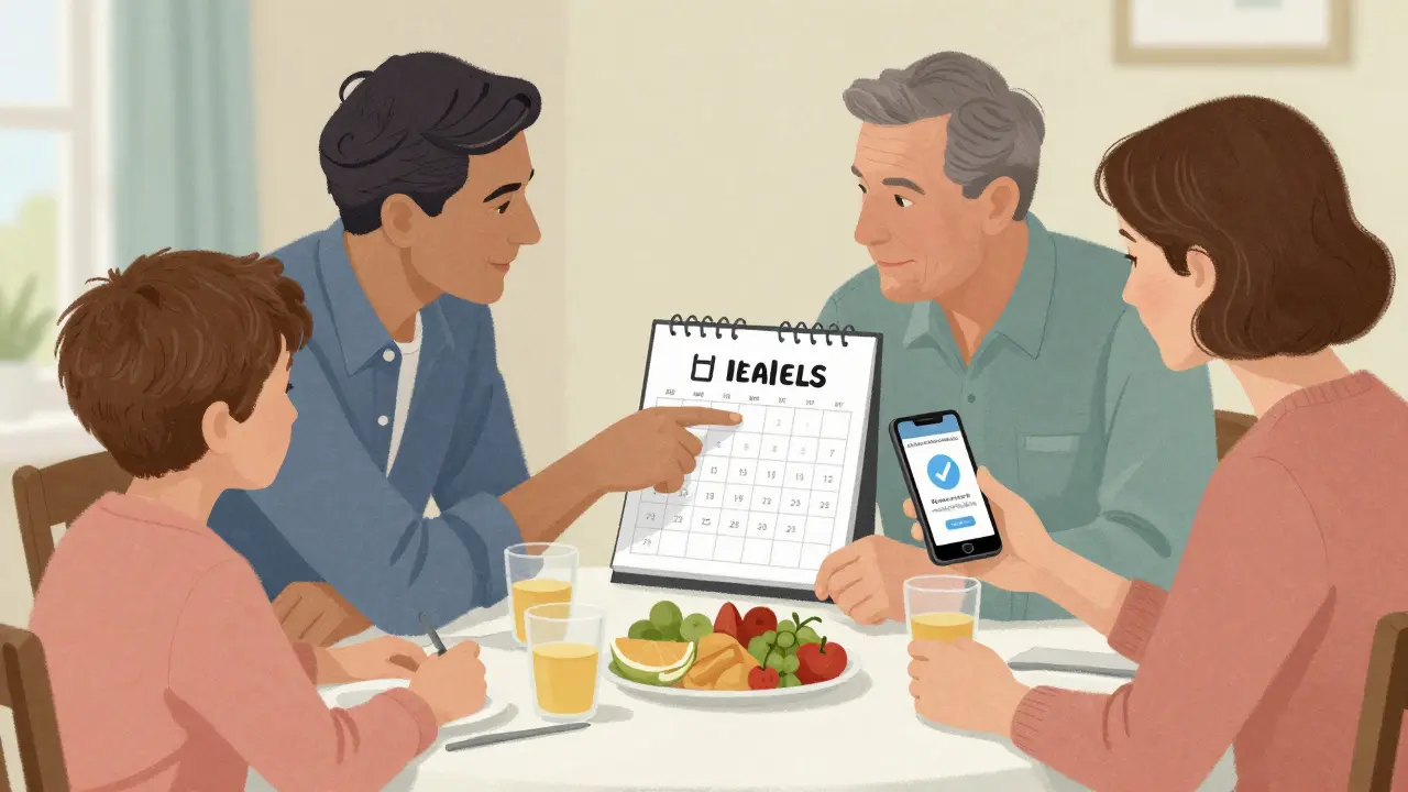 Family discussing health budgeting and medication orders at dinner table
