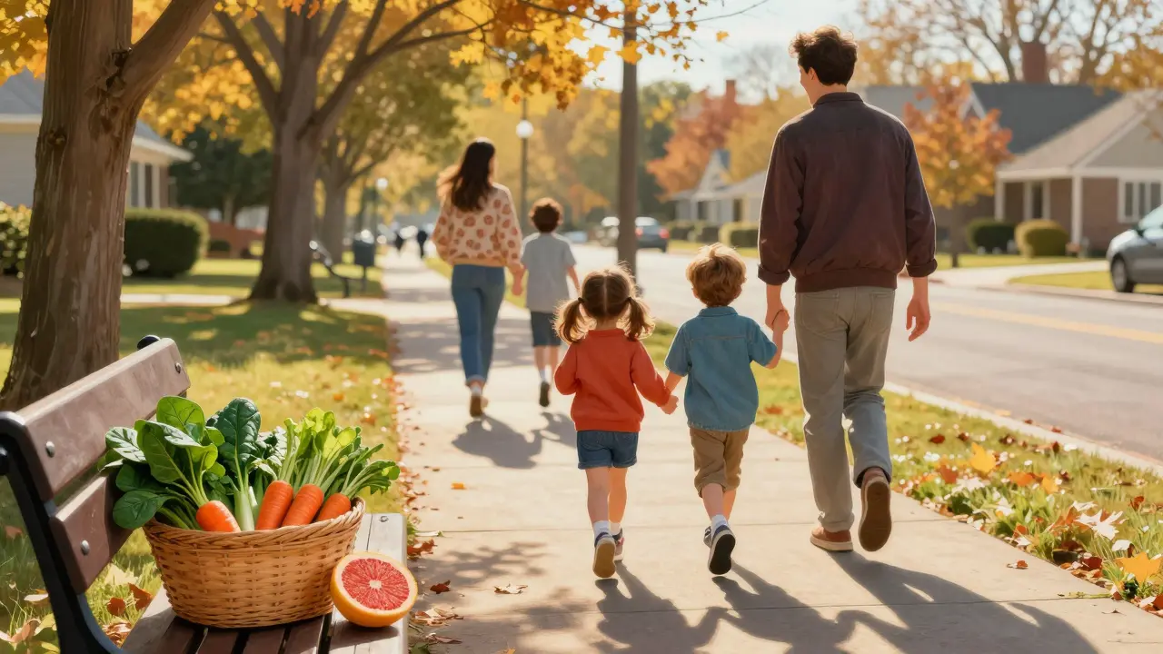 Family walking outdoors with healthy food, avoiding grapefruit, Rockwell style