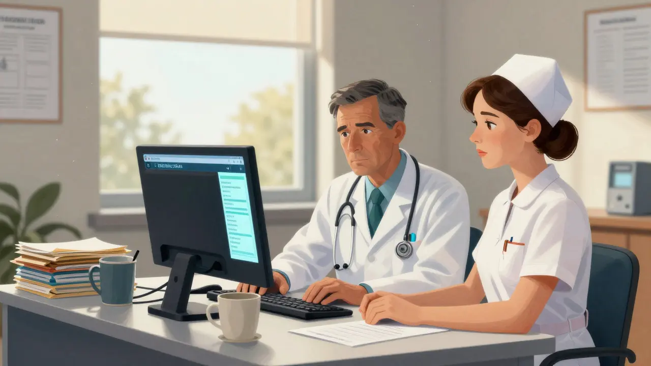 Healthcare staff using computer for electronic prior authorization