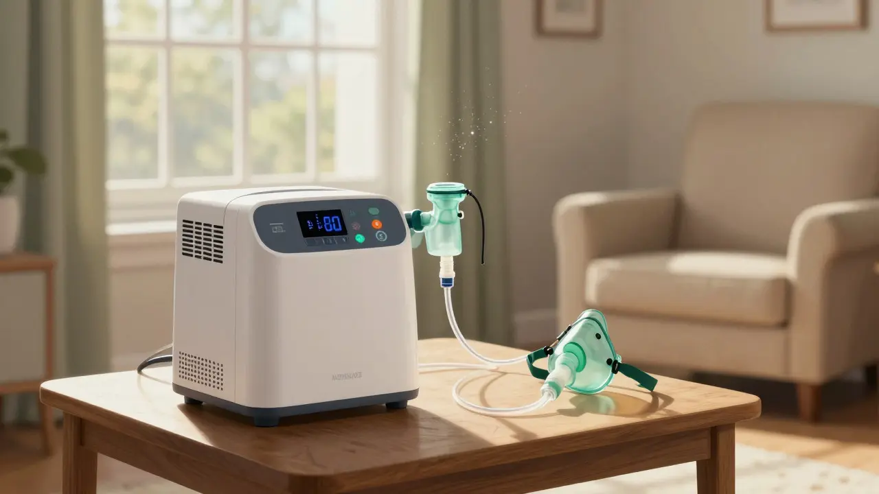 Home oxygen therapy setup with concentrator and mask in a sunlit room.