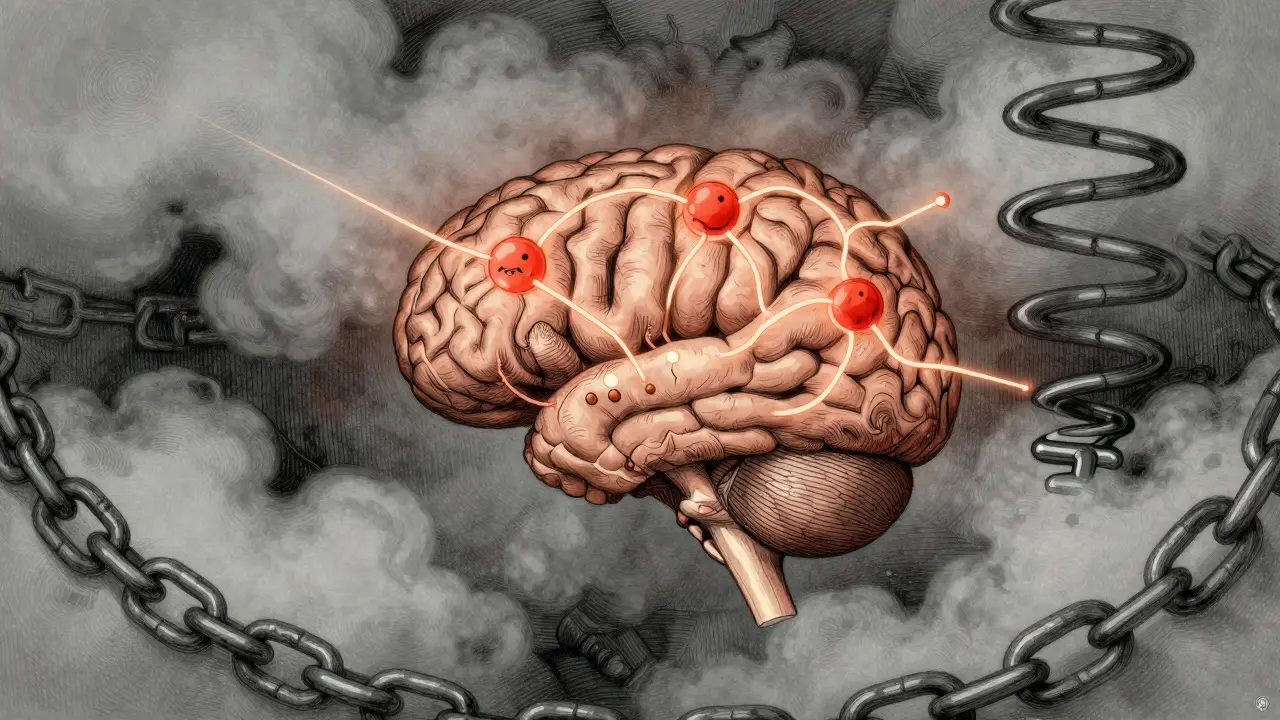 Illustration of brain with neural links between pain and emotion, surrounded by grey fog