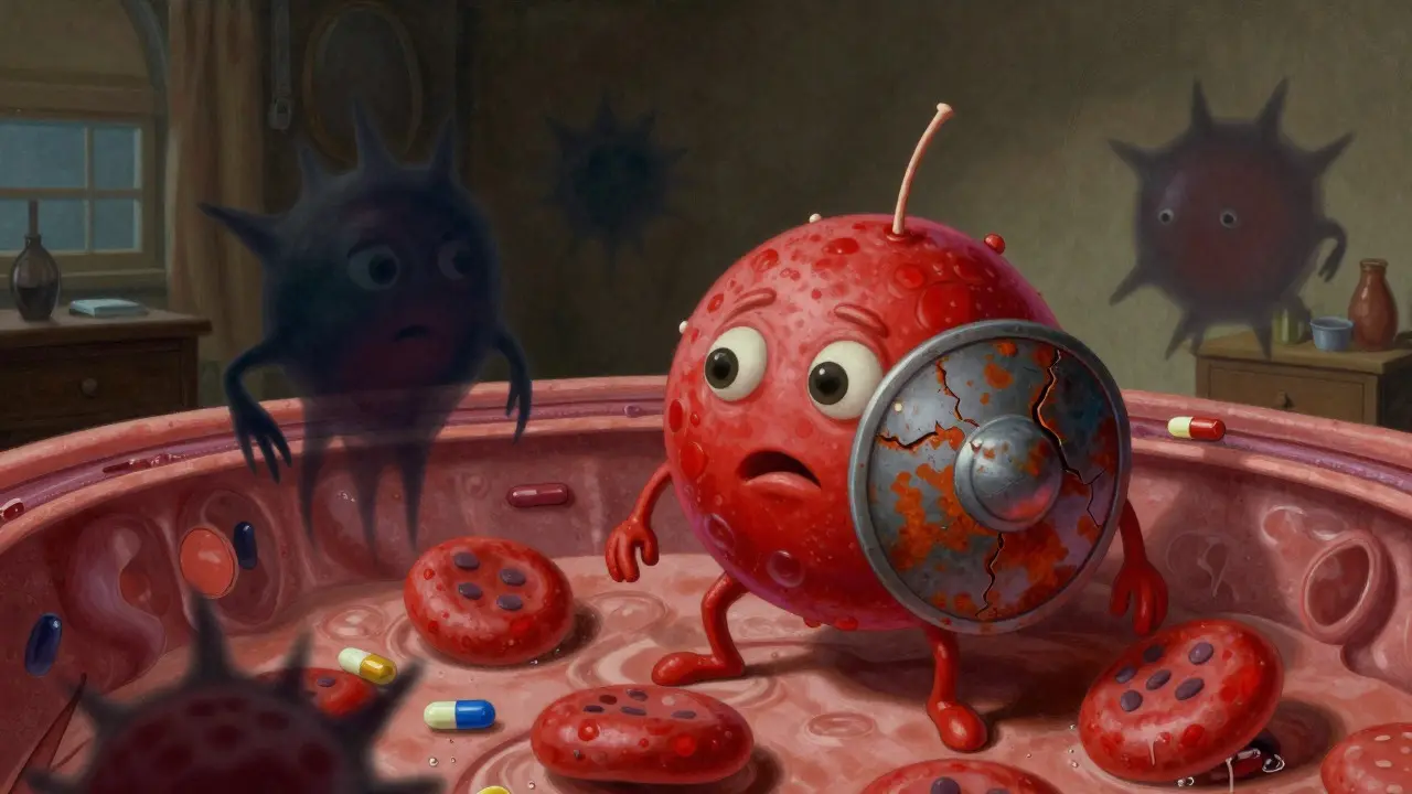 Illustration of red blood cell defending against medication triggers