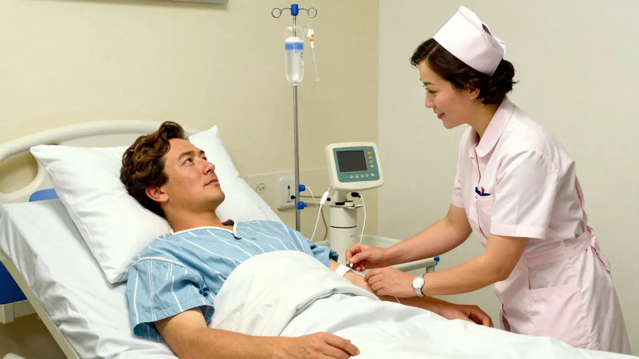 Norman Rockwell style illustration of a nurse providing IVIG treatment to a patient, representing the standard therapy for autoimmune nerve attacks.