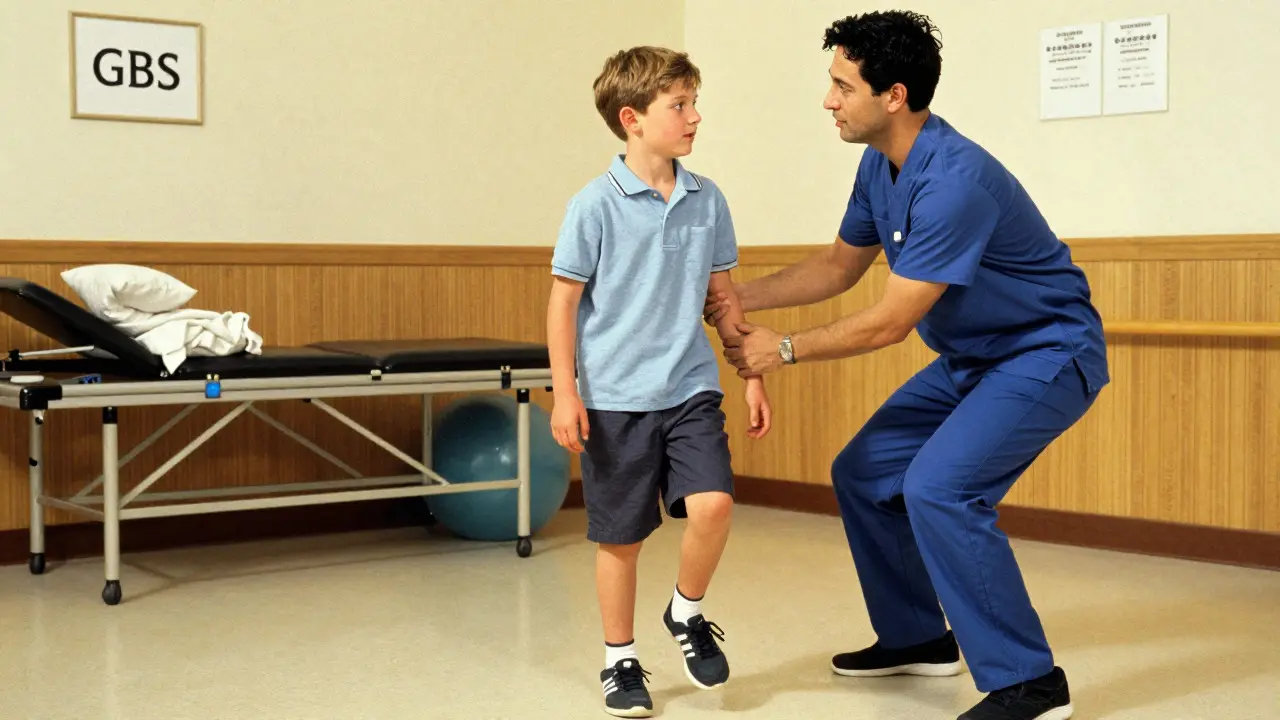 Norman Rockwell style illustration of a patient walking with aid during physical therapy, illustrating the slow but steady recovery phase after GBS.