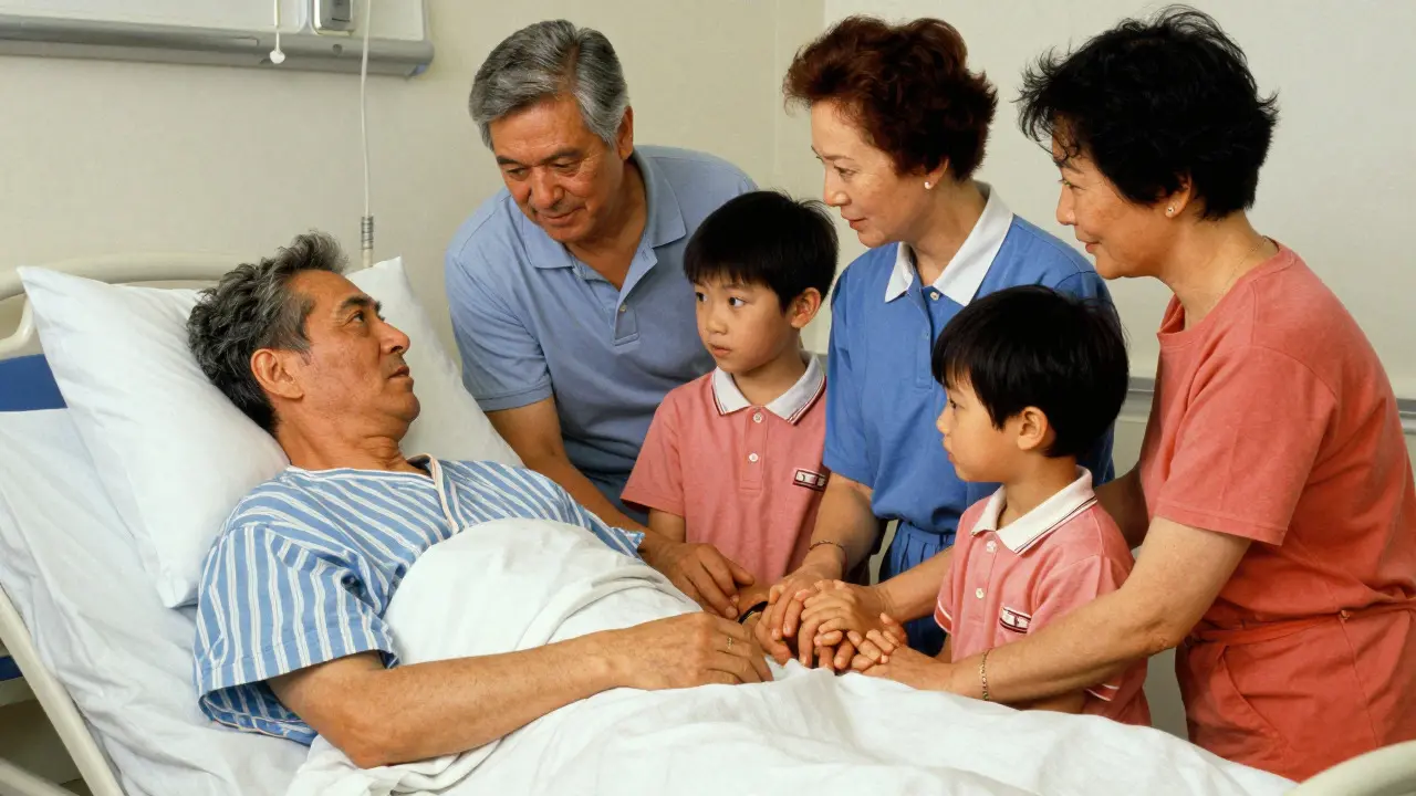 Norman Rockwell style illustration of a supportive family visiting a patient in the hospital, emphasizing the emotional aspect of coping with severe illness.
