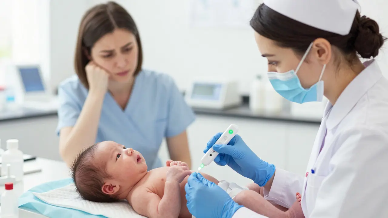 Nurse testing newborn for G6PD deficiency with modern device