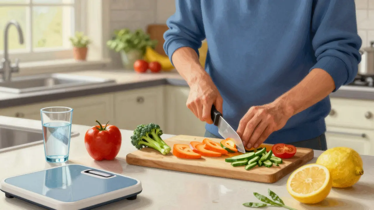 Person preparing healthy low-fat food and drinking water