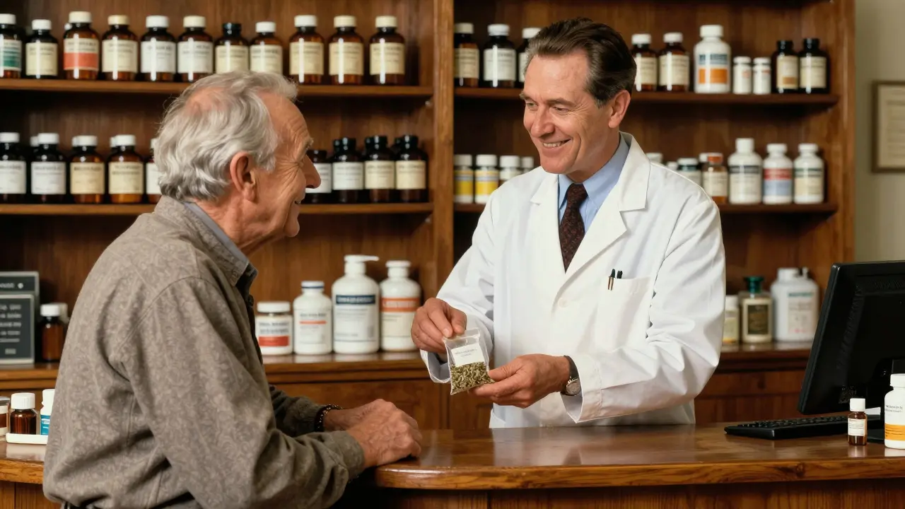 Pharmacist advising elderly man about herbal supplements