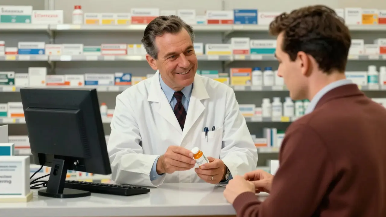 Pharmacist advising patient on drug interactions