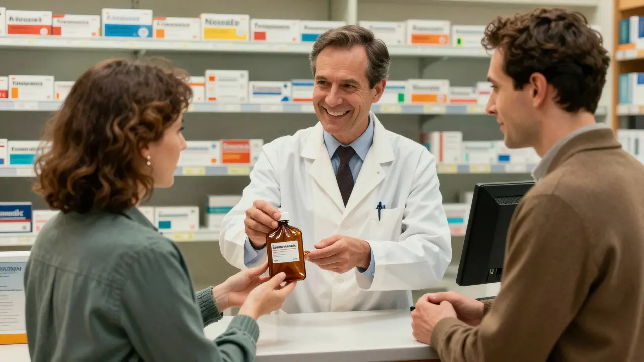 Pharmacist handing medicine bag to grateful customer in warm setting