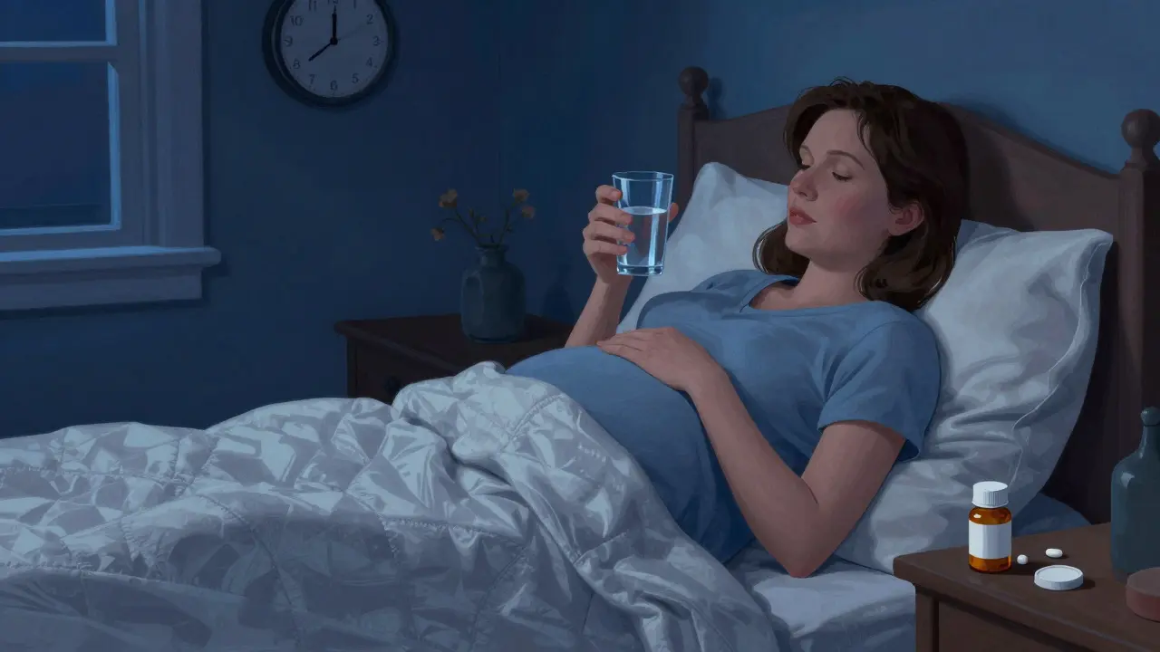 Pregnant woman resting in bed at night with water and medication nearby.