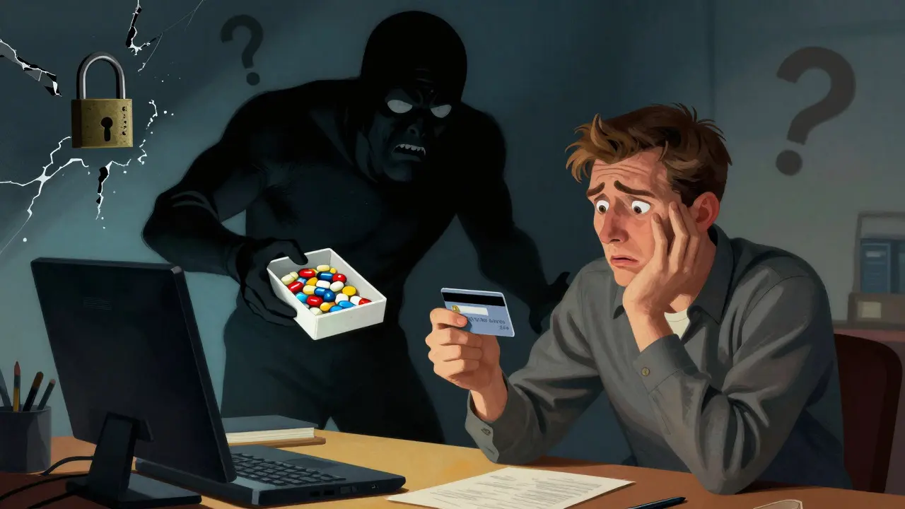 Shadowy figure offering fake pills to hesitant buyer
