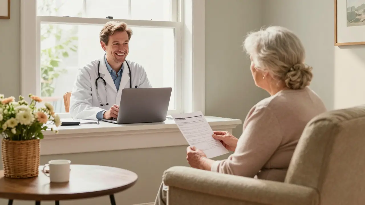 Woman smiling during video call with doctor, holding prescription