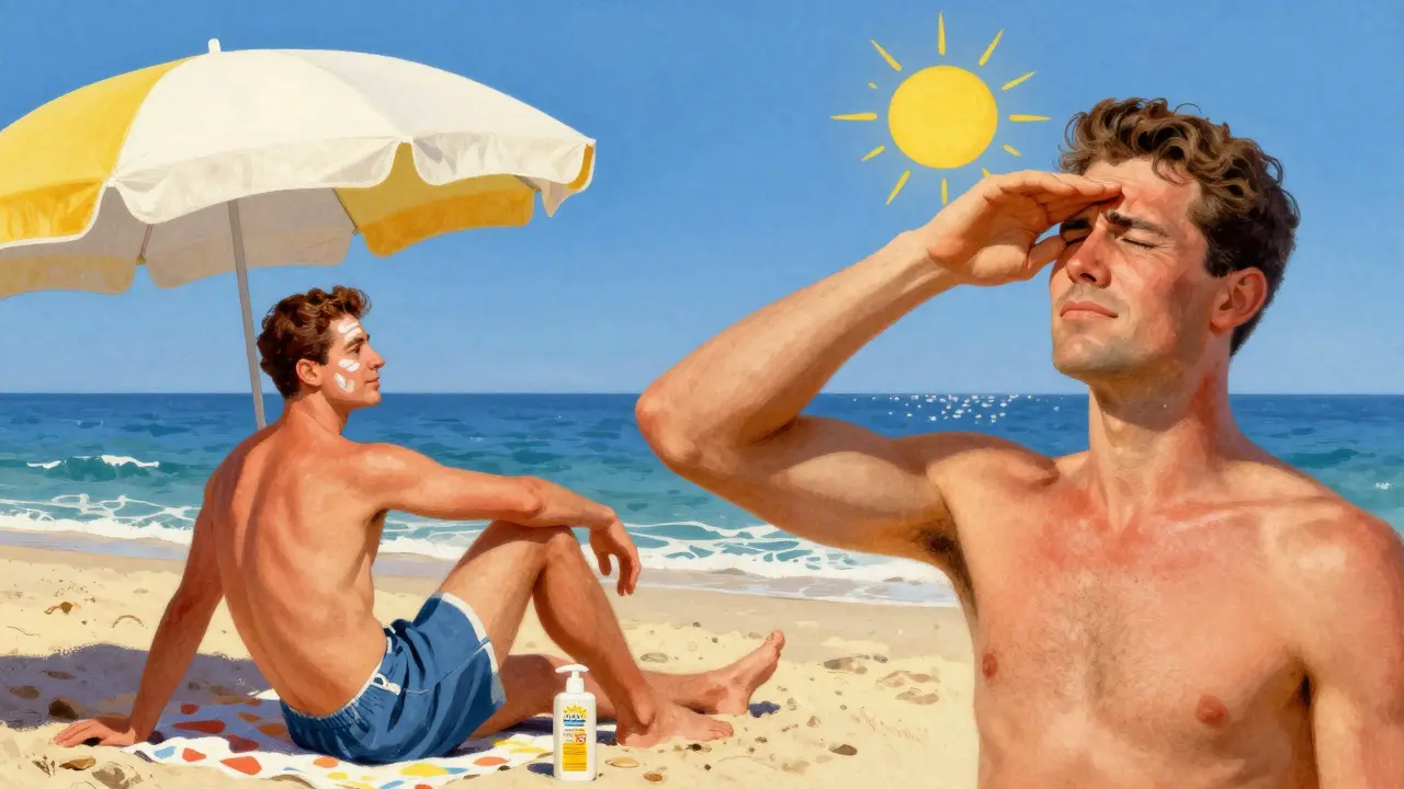 Beach scene showing proper vs improper sun protection