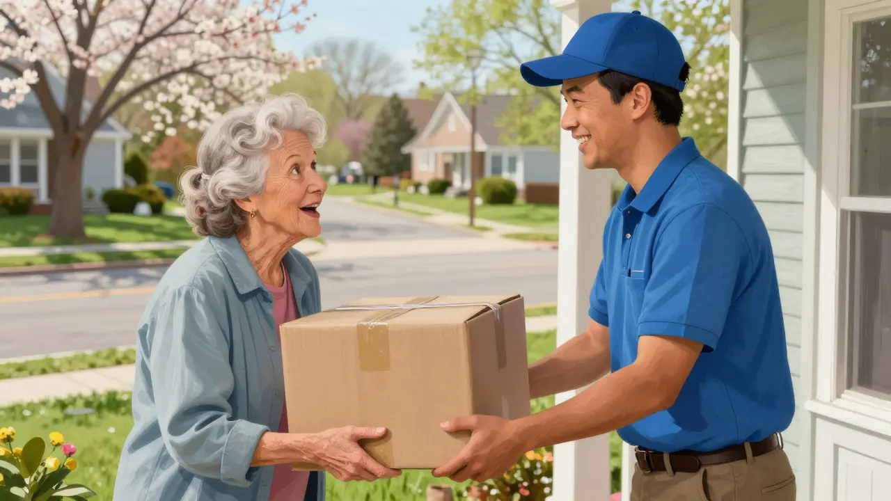 Delivery person handing a medicine package to a woman on a suburban porch