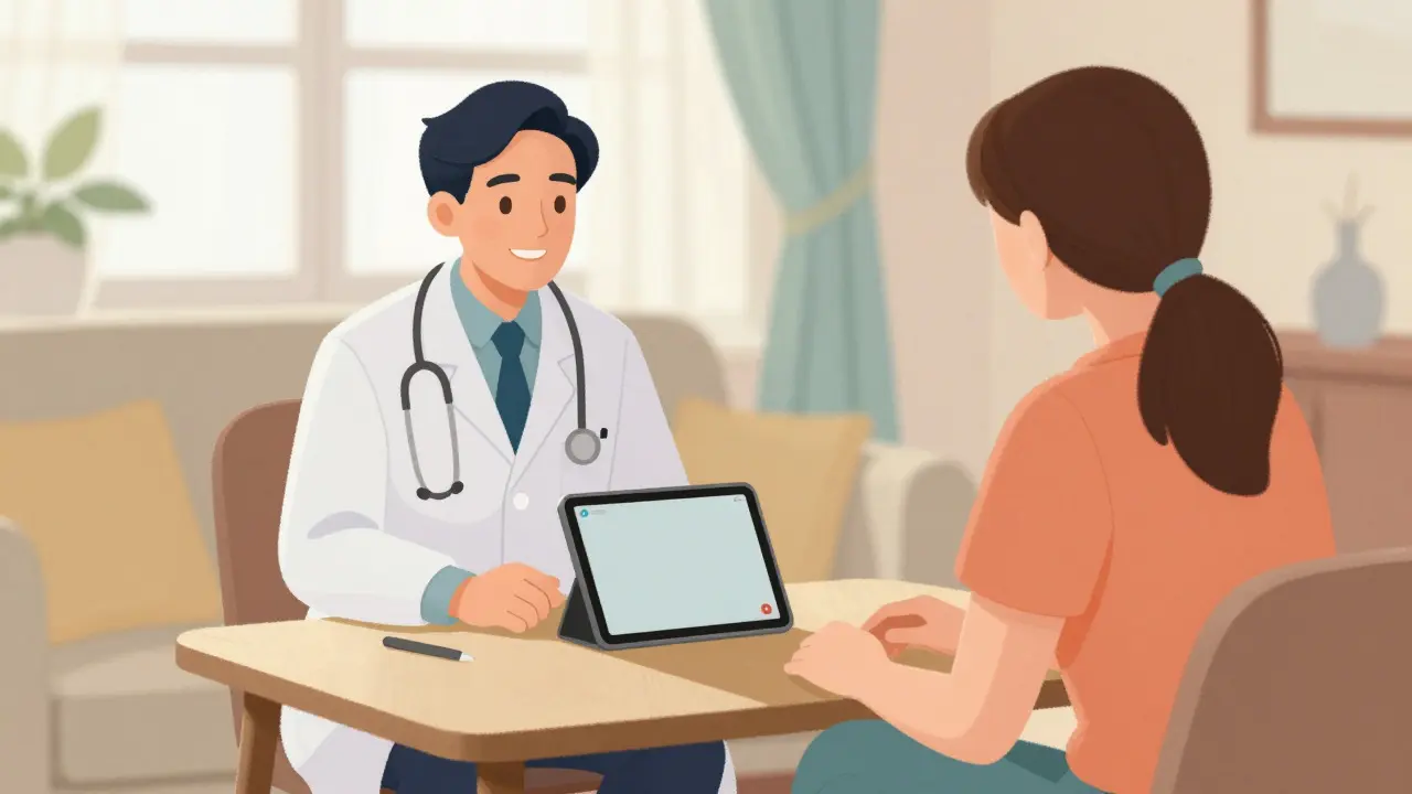 Doctor and patient having a friendly telehealth video consultation in a sunny living room
