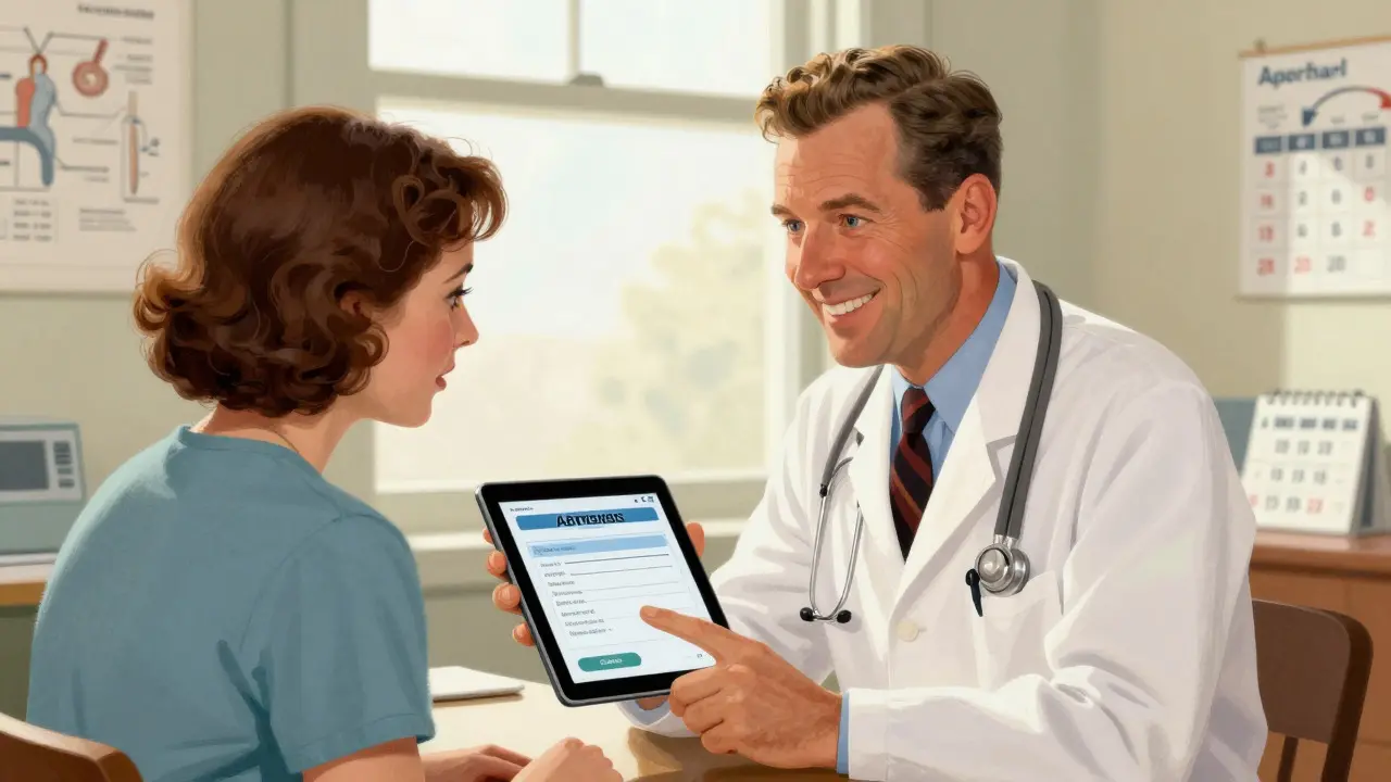 Doctor and patient reviewing electronic approval for medication on tablet.