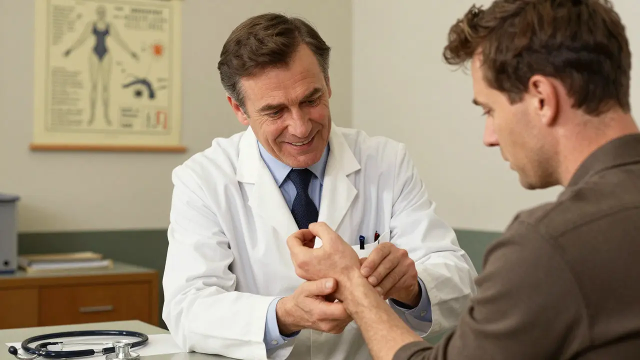 Doctor examining patient's wrist for carpal tunnel syndrome symptoms