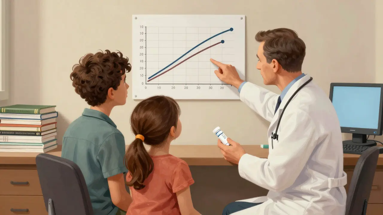 Doctor explaining medication consistency to a family in a modern clinic