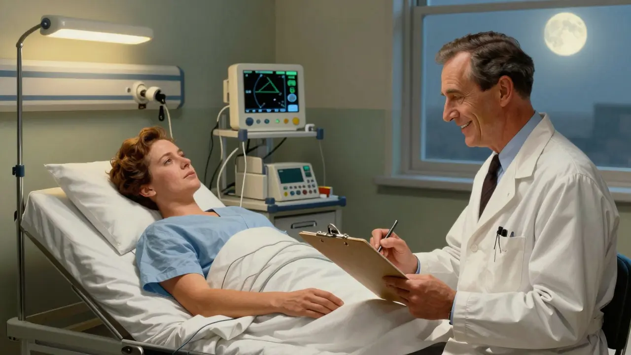 Doctor reviewing test results in a sleep lab with patient