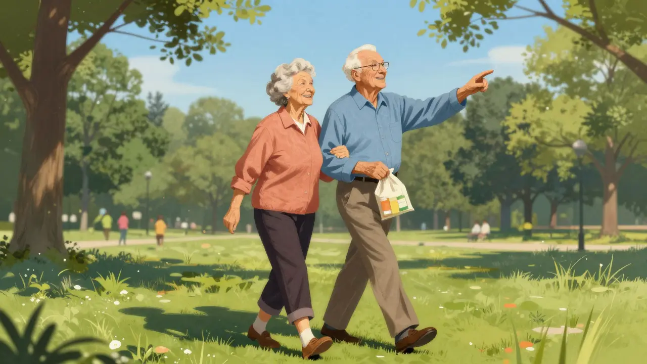 Elderly couple walking in park after buying meds