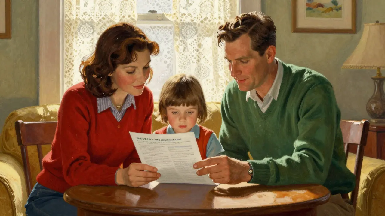 Family reviewing healthcare cost documents together in a sunlit living room