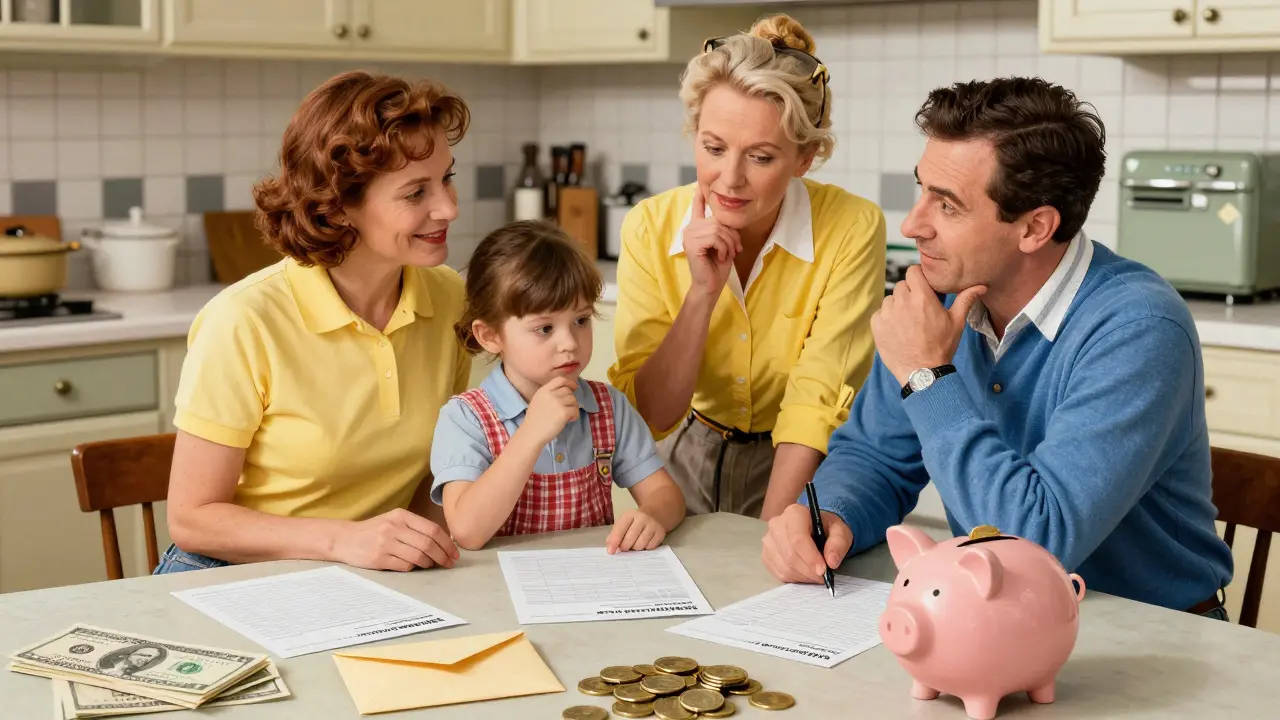 Family reviewing household budgets and savings in Norman Rockwell style