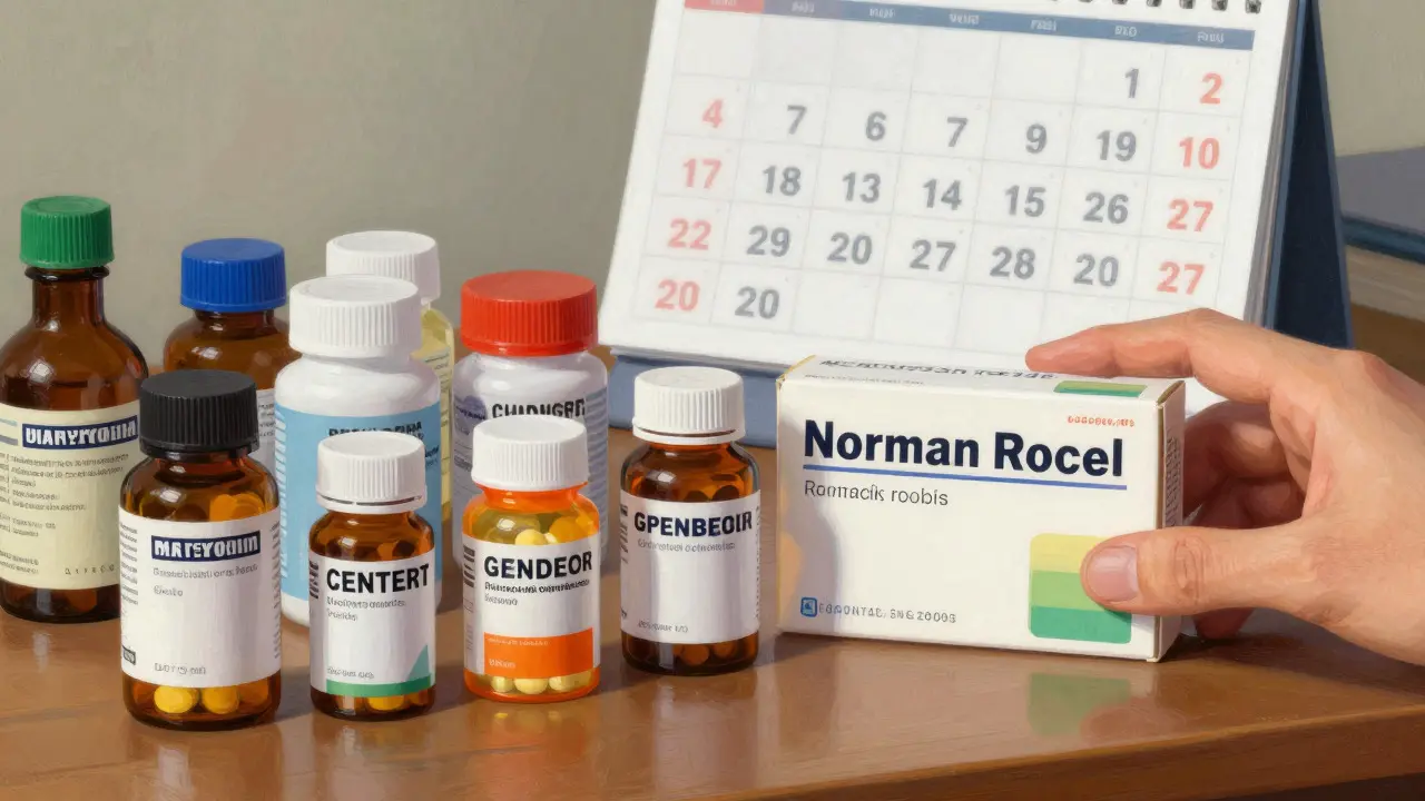 Hand selecting a generic pill bottle from a group of medications on a desk