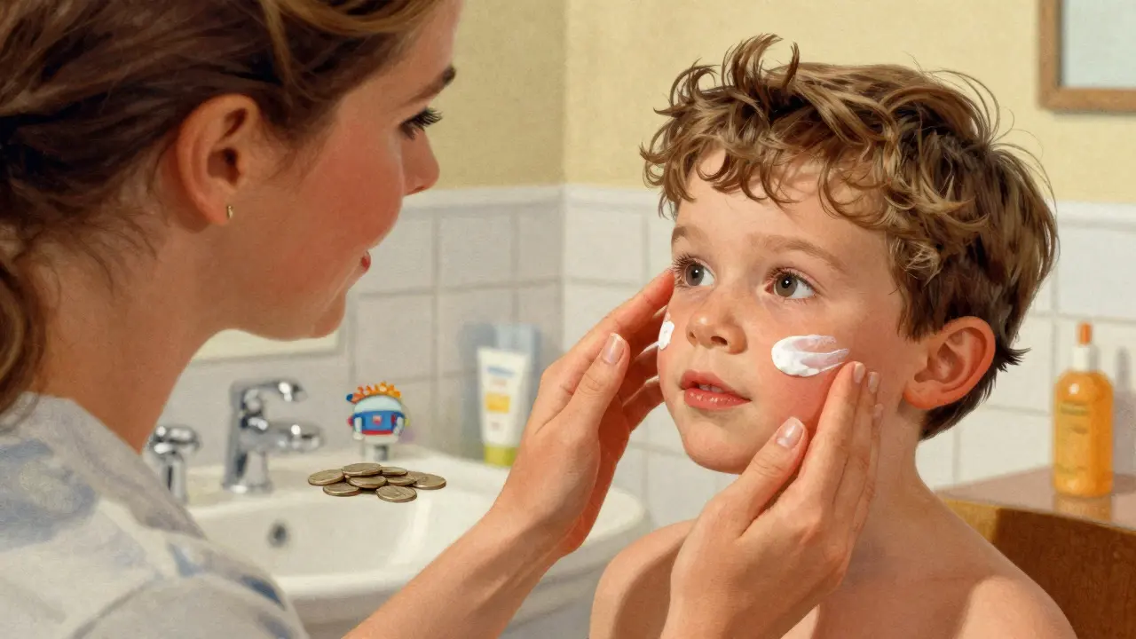 Mother applying sunscreen to child's face correctly