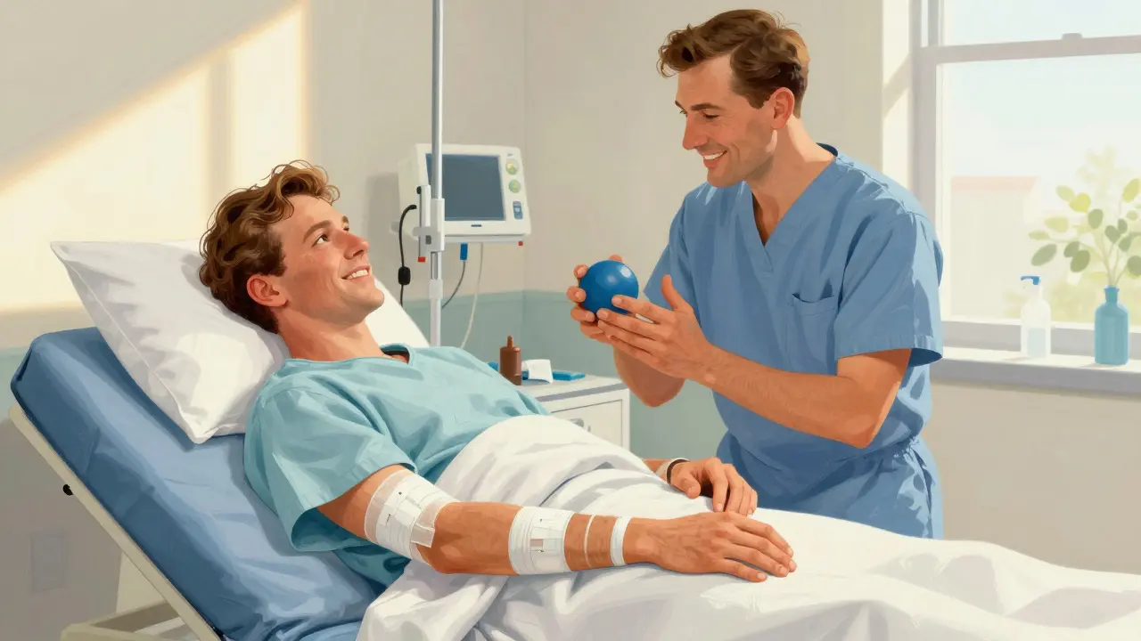 Patient recovering from surgery with elevated hand and exercises