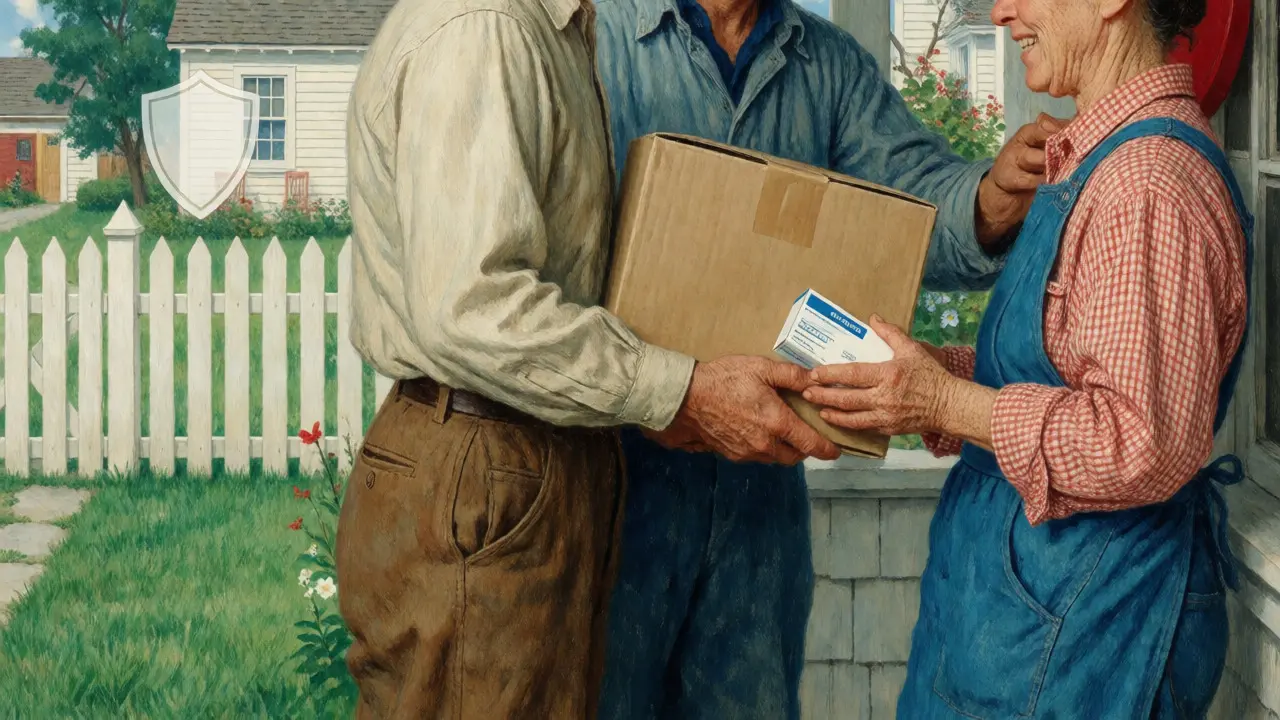 Person receiving a medication package delivered to their suburban front porch.