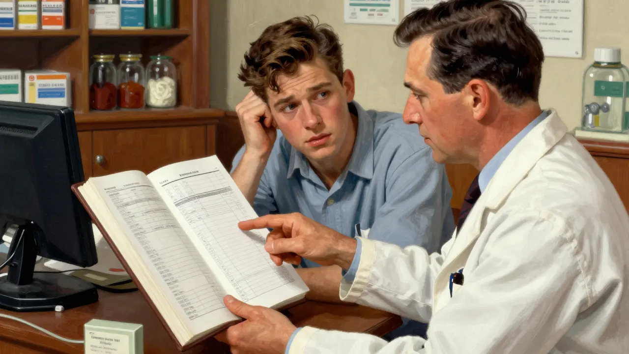 Pharmacist explaining formulary details to a young patient at a pharmacy counter