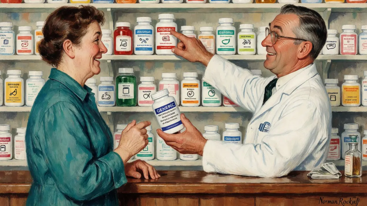 Pharmacist handing a medication bottle to a relieved customer at the counter.
