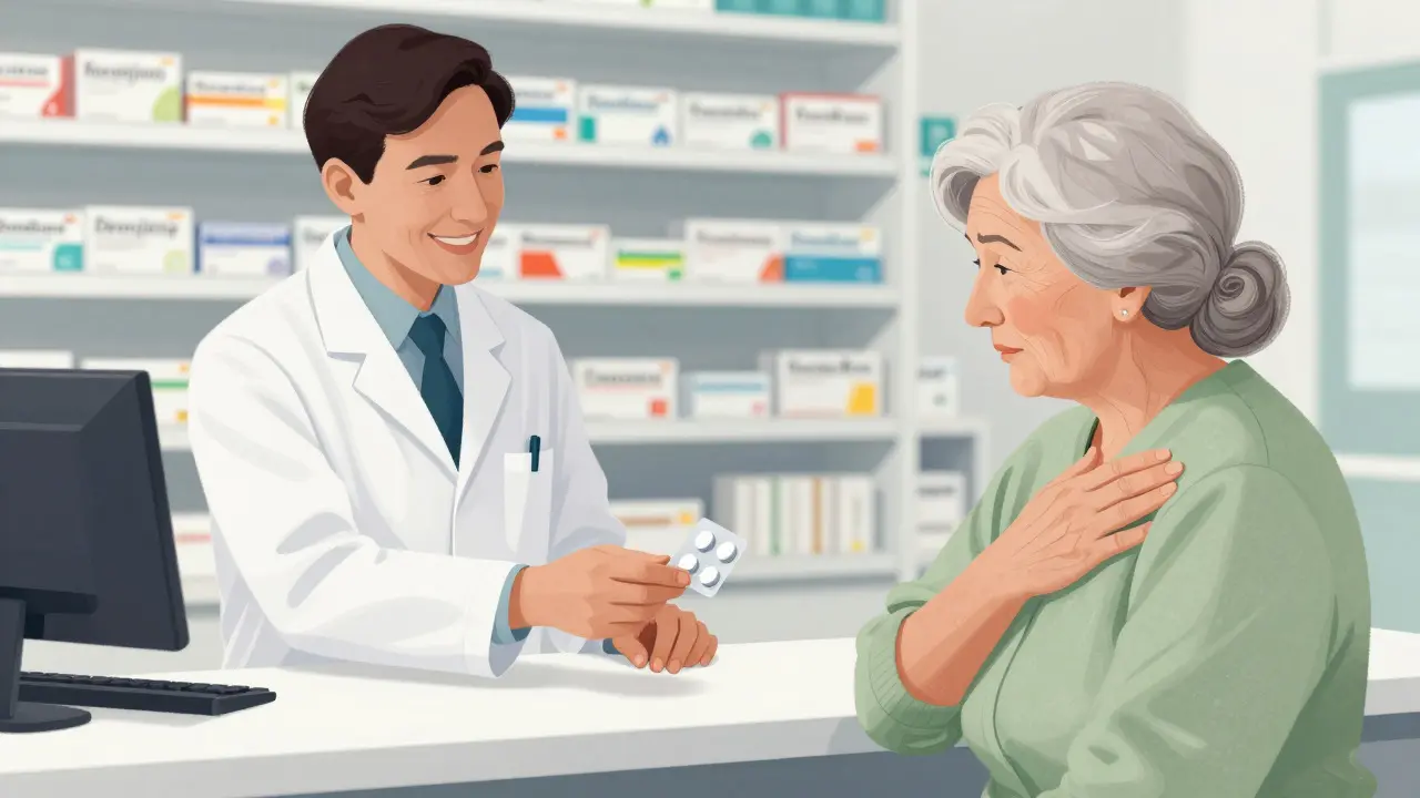 Pharmacist handing a single pill pack to a relieved elderly woman