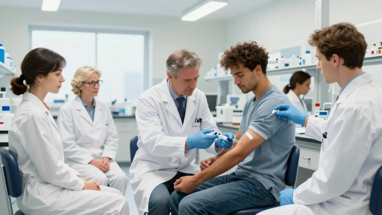 Scientist drawing blood from a volunteer in a bright lab during a drug equivalence study